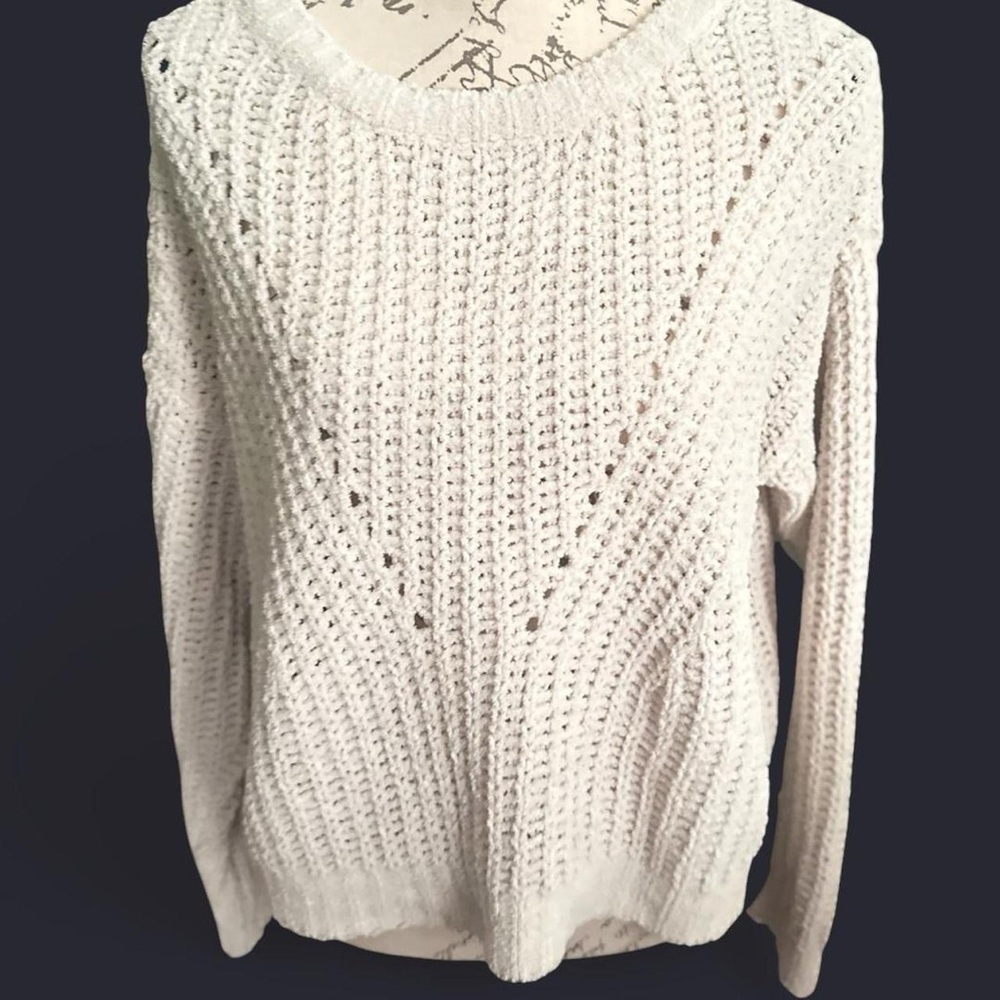 Boho Chic Fluffy Crochet Hand Knit Cozy Ivory Cream White Knit Sweater M